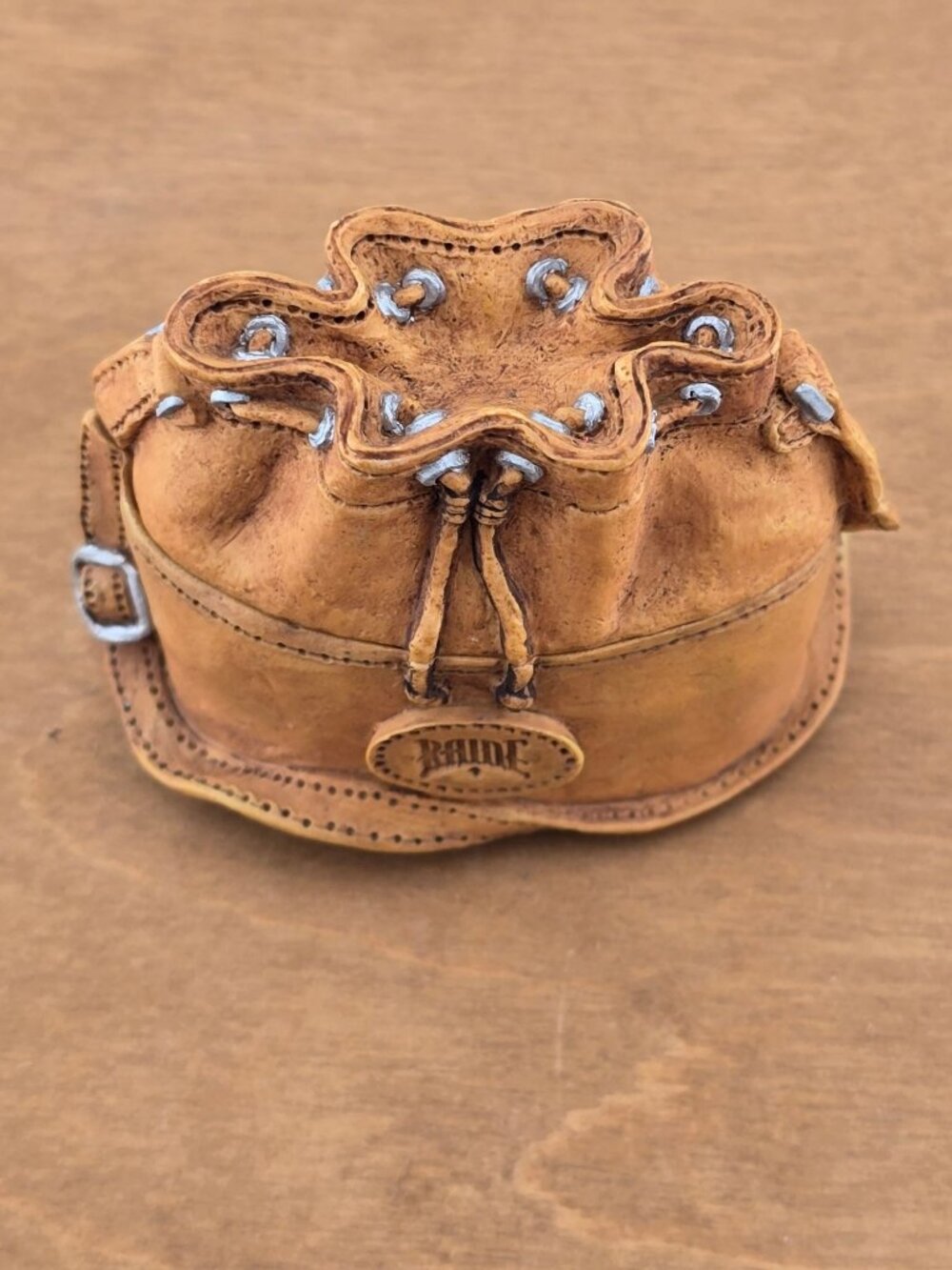 Vintage Raine Miniature Leather Bag Sculpture With Drawstring & Buckle Accents - Picture 3 of 12